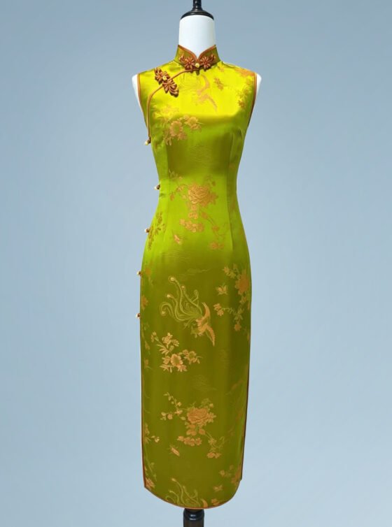20 Momme Silk Brocade Phoenix Qipao Dress with Copper-Wire Pankou