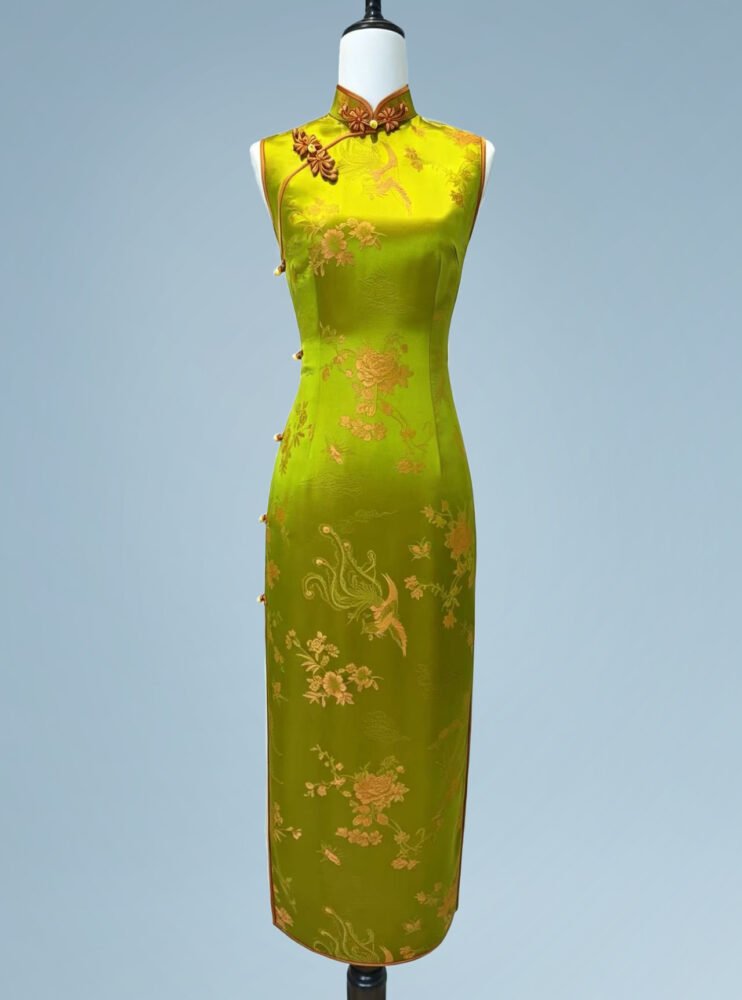 20 Momme Silk Brocade Phoenix Qipao Dress with Copper-Wire Pankou