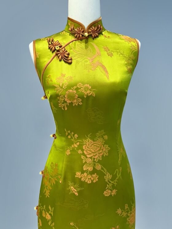 20 Momme Silk Brocade Phoenix Qipao Dress with Copper-Wire Pankou - Image 2