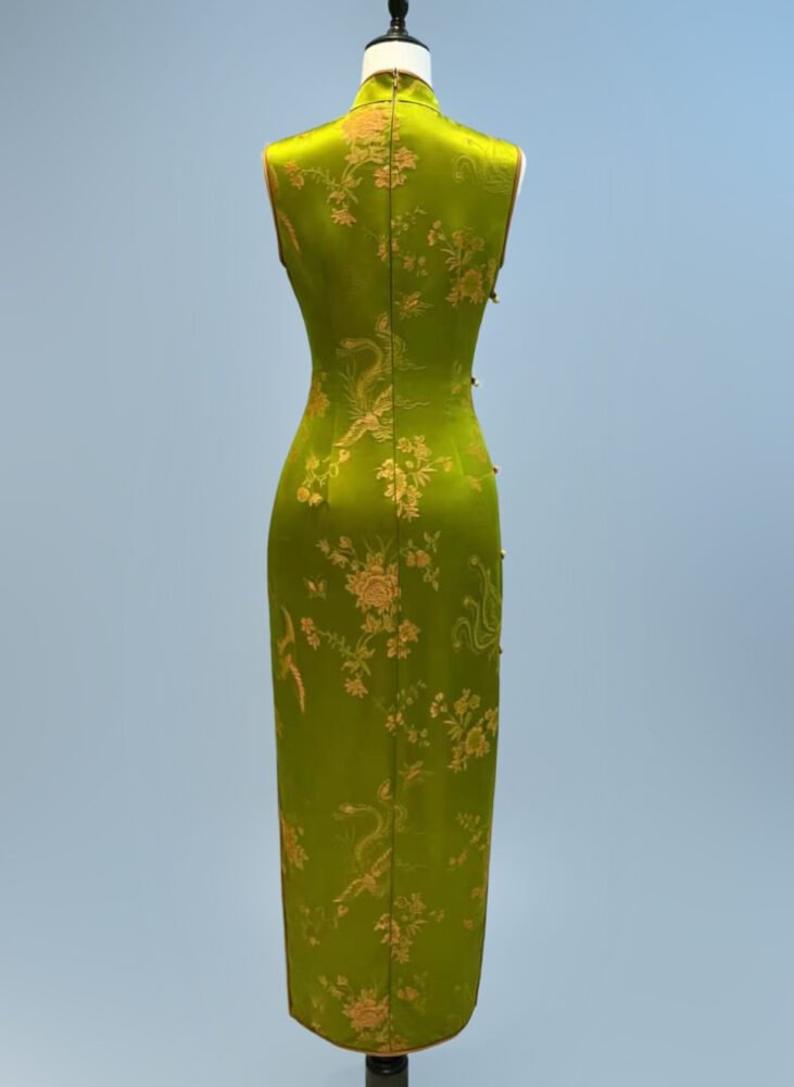 20 Momme Silk Brocade Phoenix Qipao Dress with Copper-Wire Pankou