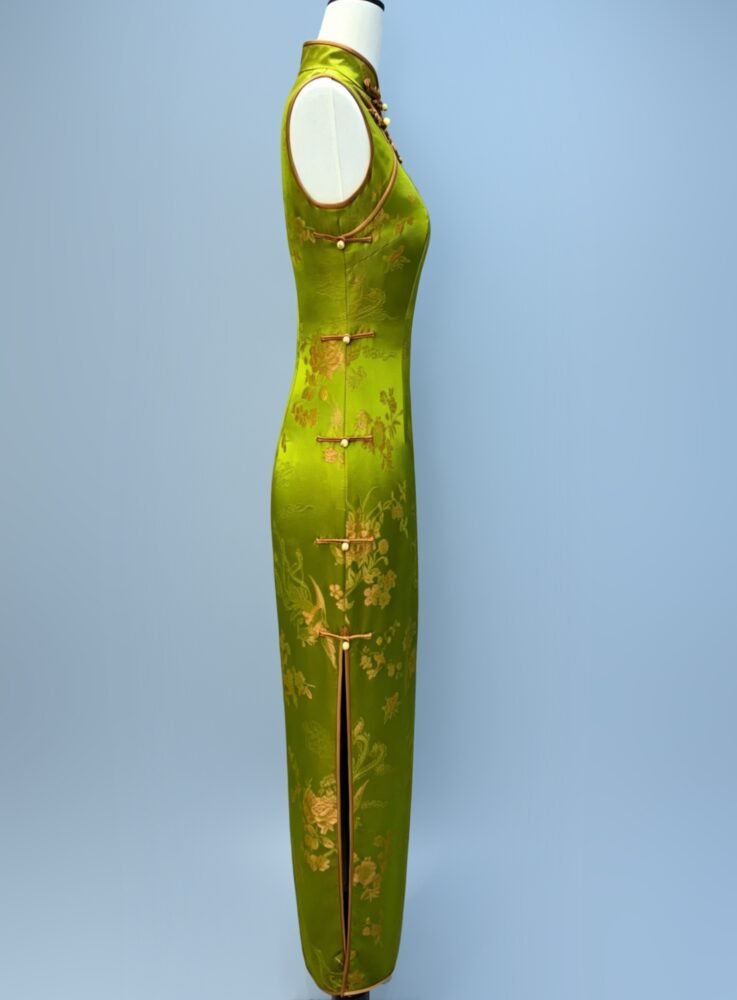 20 Momme Silk Brocade Phoenix Qipao Dress with Copper-Wire Pankou