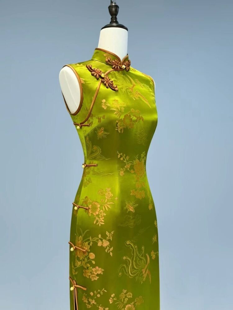 20 Momme Silk Brocade Phoenix Qipao Dress with Copper-Wire Pankou