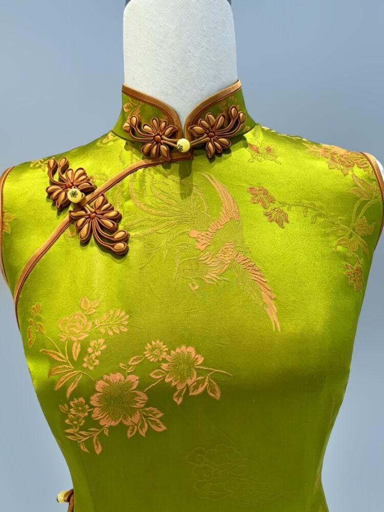 20 Momme Silk Brocade Phoenix Qipao Dress with Copper-Wire Pankou